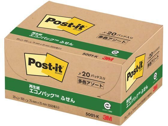 お買い得パック ポスト イット ふせん 5001-K 混色 イエロー ピンク ブルー グリーン 20パッド入り 縦75×横25 mm 10箱セットでの販売となります 通常粘着ふせん|ふせん|付箋|粘着メモ|業務用|多色アソート|大容量|お買い得|文具