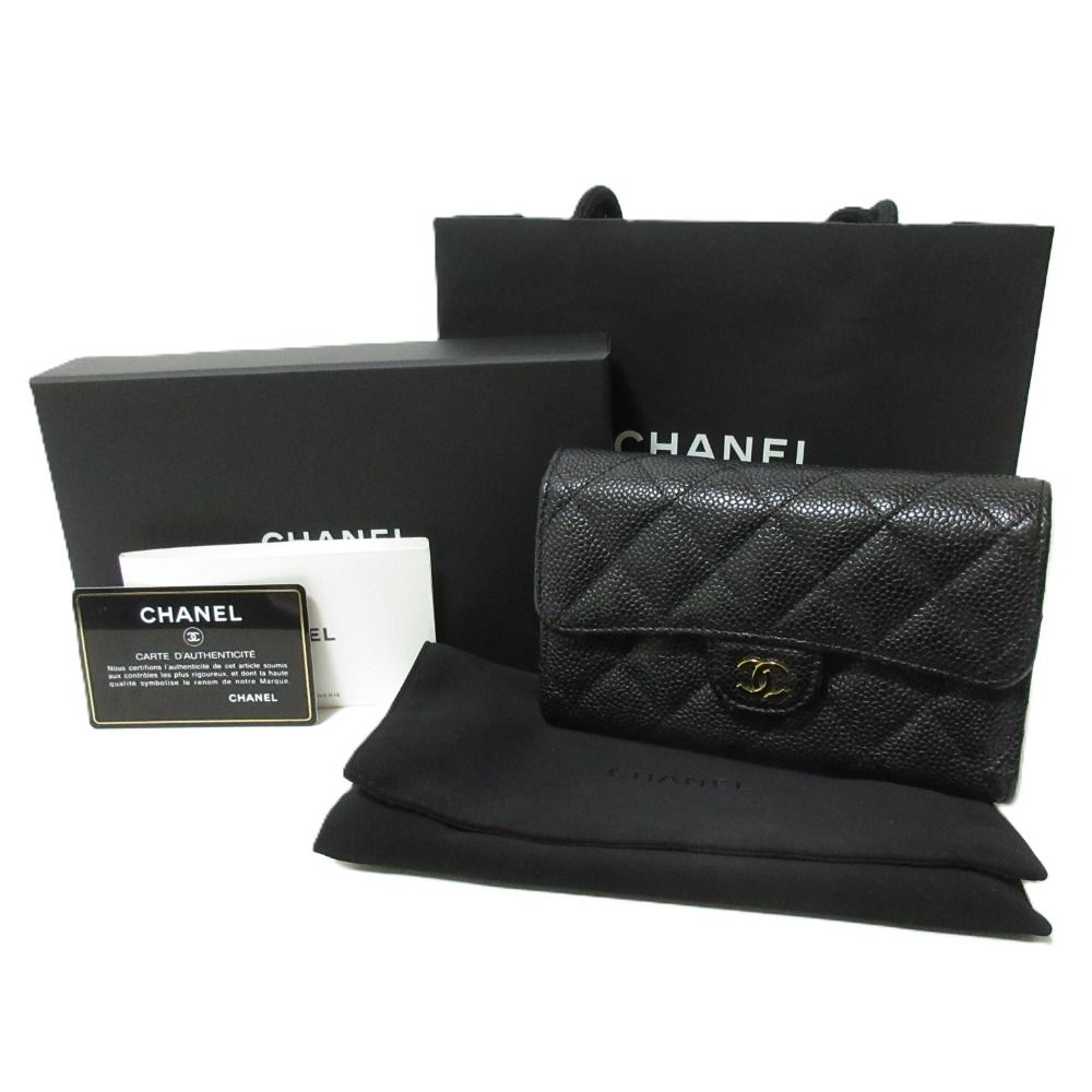 良品 CHANEL シャネル キャビアスキン マトラッセ クラシックミディアムフラップウォレット 三つ折り財布 AP0232 ブラック レディース 古着 中古 USED 良品 CHANEL シャネル キャビアスキン マトラッセ クラシック