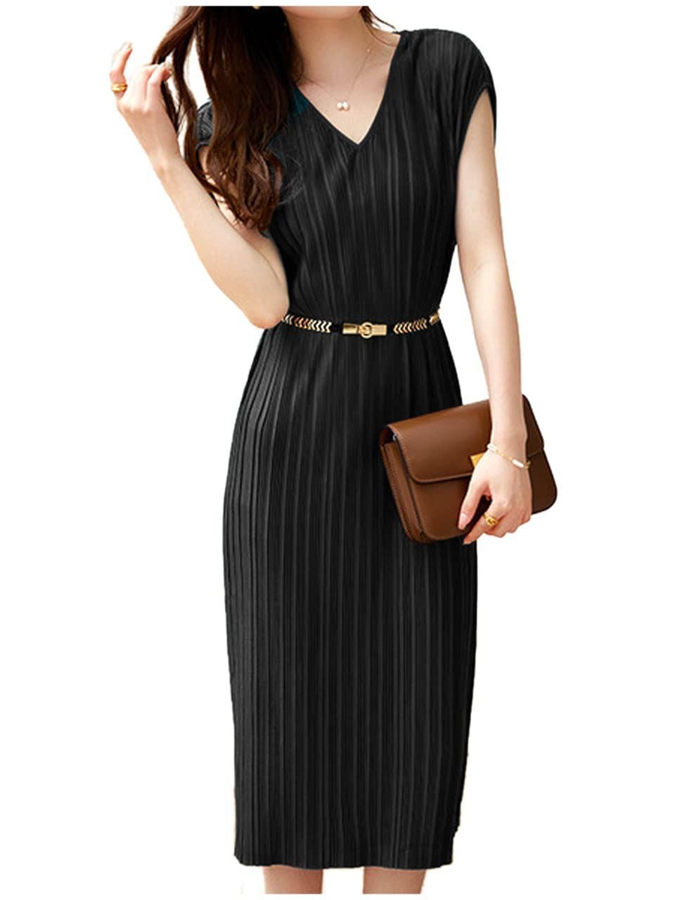 L_ブラック [ヴォンヴァーグ] プリーツワンピース ２WAY ベルト付き ウエストマーク フレンチスリーブ 艶 ドレス レディース (02.L, ブラック)