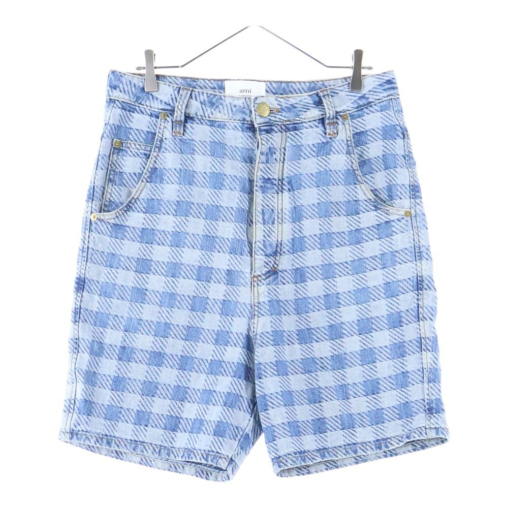AMI Alexandre Mattiussi アミアレクサンドルマテュッシ カウレザーパッチ チェック柄 ボタンフライデニムショーツ ハーフパンツ インディゴ HS0600.DE0010