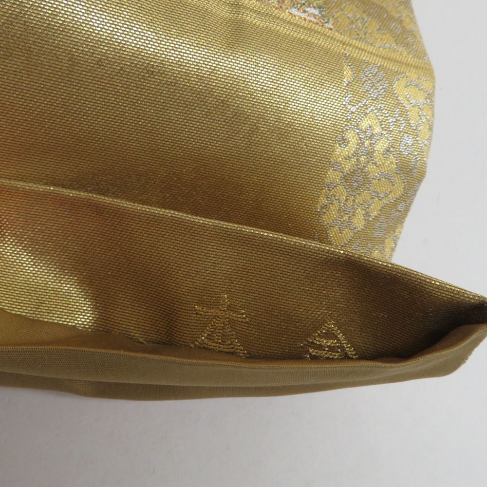 袋帯 繻珍織 本金 金糸銀糸 トルコ風景文様 六通柄 ゴールド色 正絹