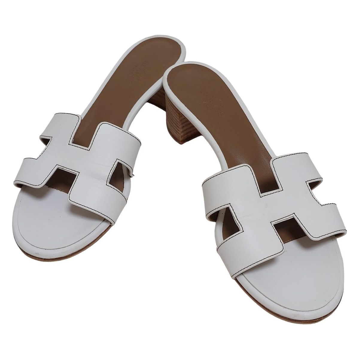 HERMES エルメス ミュール 37 1 2 レディース オアジス 071002Z 白 オープントゥ レザー