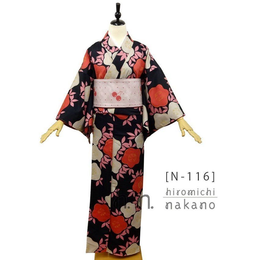 洗える着物 ナカノ ヒロミチ N-116／黒地：ツバキ文様 - メルカリ