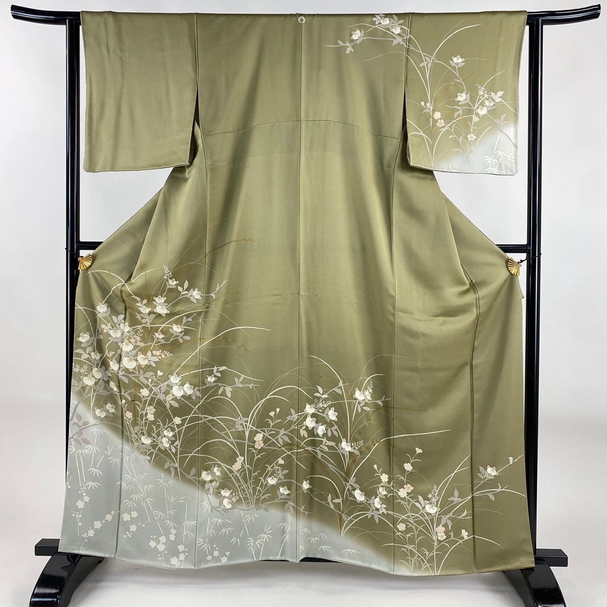 訪問着 身丈161cm 裄丈62.5cm S 袷 橘花 竹 金糸 金彩 茶緑色 正絹 秀品 一つ紋