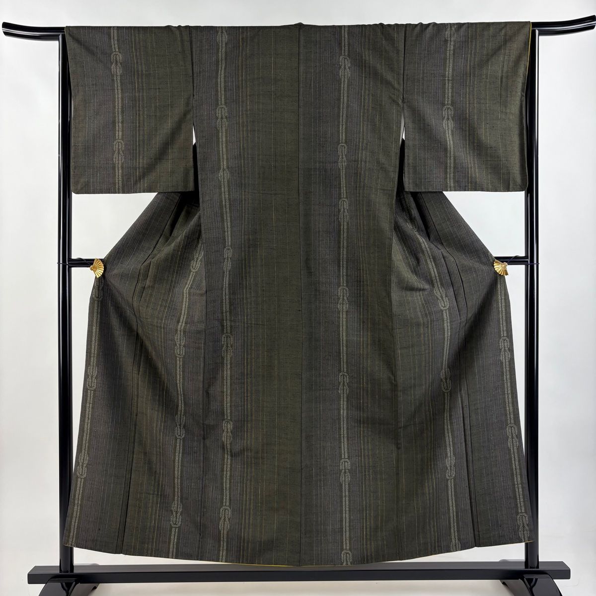 結城紬 身丈155.5cm 裄丈64.5cm M 袷 はたおり娘 証紙 縦縞 幾何学 茶緑色 正絹