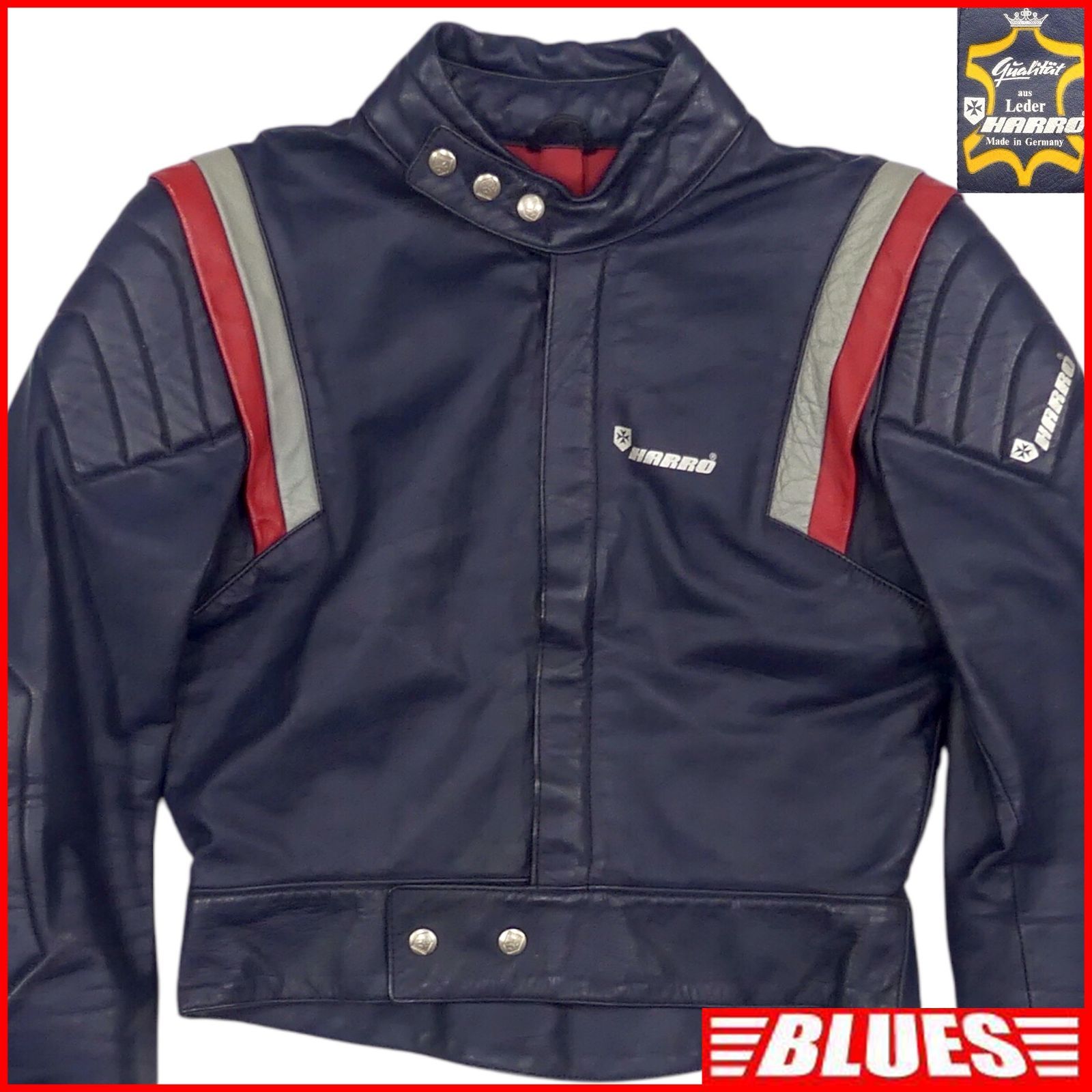 HARRO ハロ レーシングジャケット XL ネイビー 赤 ドイツ製 80sヴィンテージ 42 レザー レザーライダースジャケットXL一覧←SEULB屋着古← X7855