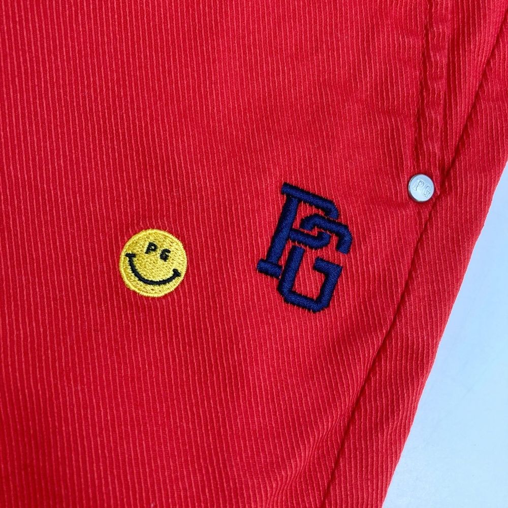 サイズ：3 PEARLY GATES パーリーゲイツ  ストレッチパンツ ニコちゃん刺繍  ネイビー系 [240101483801] ゴルフウェア メンズ ストスト PEARLY GATES パーリーゲイツ ハーフパンツ ネイビー×白