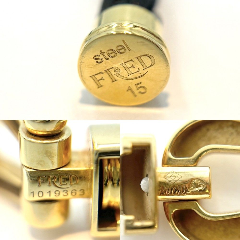 フレッド ブレスレット メンズ フォース10ラージ アクセサリー 15サイズ 750 18金YG FRED レザー  K18YG   ブラック 黒 ゴールド金具 約15.9g【中古品】