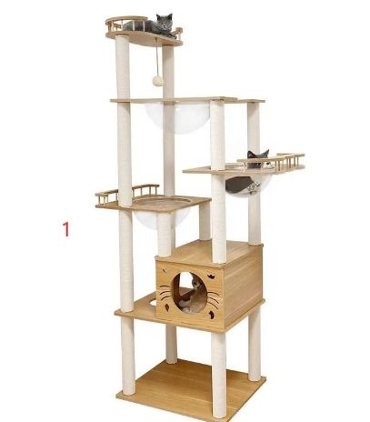 キャットタワー 猫タワー RAKU 高さ176cm|184cm 木製 布製 据え置き 爪とぎボール コットン|麻縄支柱 三つの透明な宇宙船 展望台 猫ハウス