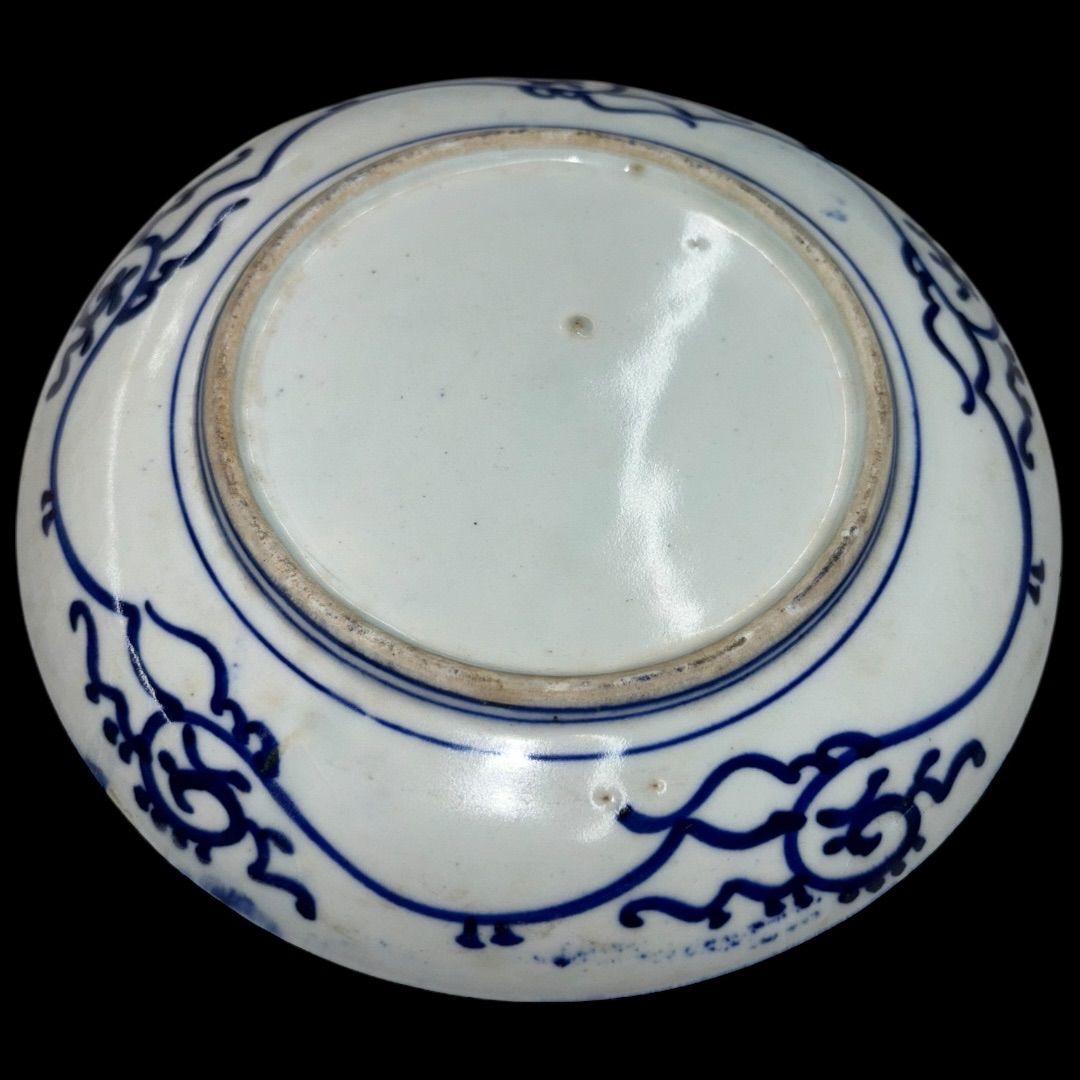 骨董　アンティーク　初期伊万里　花唐草山水文　七寸皿　丸皿　中皿　古伊万里　染付 骨董 アンティーク 初期伊万里 花唐草山水文 七寸皿 丸皿 中皿 古