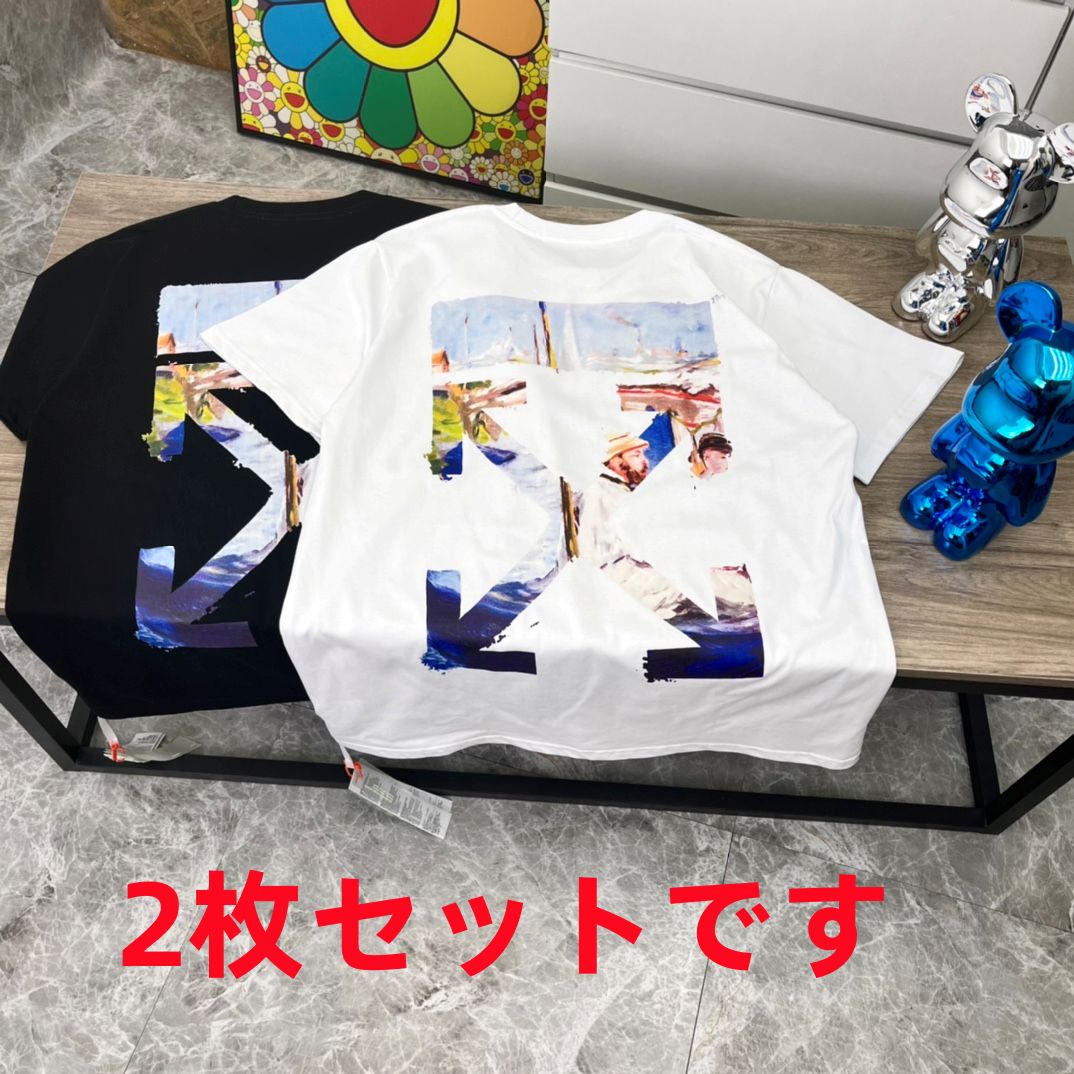 off white油絵矢印プリント定番半袖Tシャツ男女同型スター同型【黒＋白2枚セット】