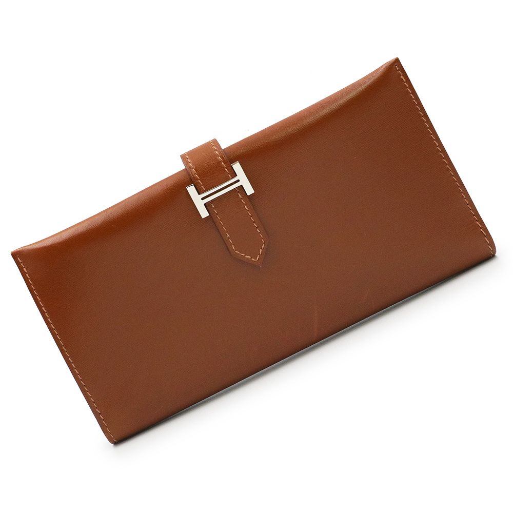 エルメス ベアン クラシック 二つ折り長財布 ボックスカーフ レザー ノワゼット ブラウン 茶 シルバー金具 □F刻印 HERMES