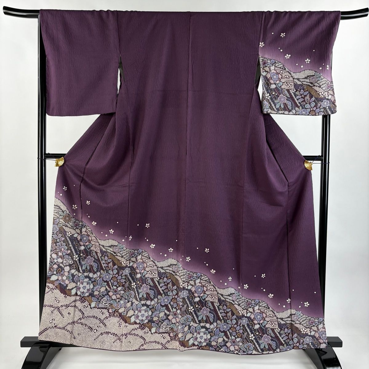訪問着 身丈160cm 裄丈69cm L 袷 草花 芝 ぼかし 金彩 紫 正絹 秀品