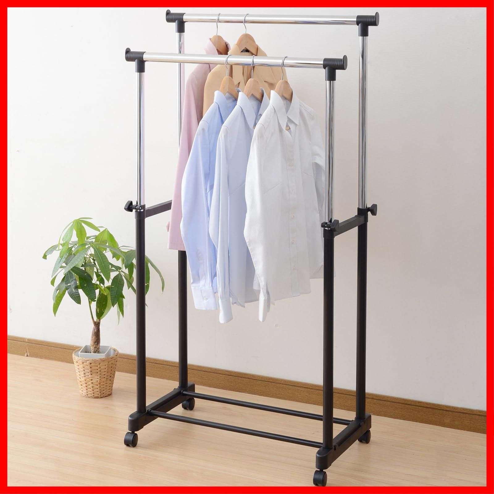 【特売】[山善] ハンガーラック 幅75×奥行43×高さ89-152cm ダブル キャスター付き たっぷり収納 縦伸縮 組立品 ブラック MKS-W(BK)(S)