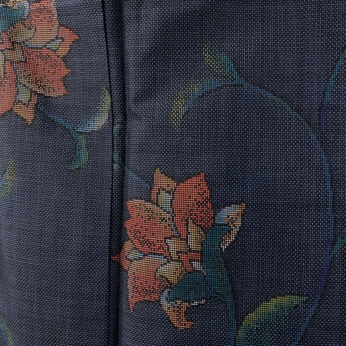 大島紬 身丈154cm 裄丈62.5cm S 袷 都喜ヱ門 証紙 草花 紺色 正絹 逸品  