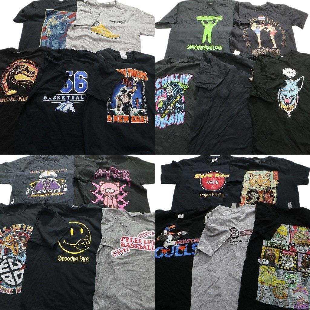 古着卸 黒 グレー ボディ プリント 半袖Tシャツ 20枚セット メンズ M 大判プリント チームロゴ アニマル 古着 NA1948