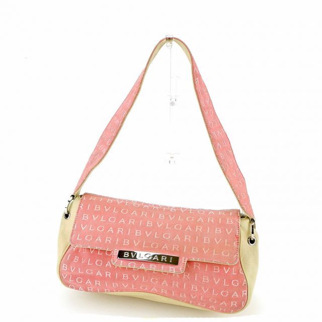 BVLGARI ブルガリ ロゴマニア キャンバス レザー ワンショルダー ピンク