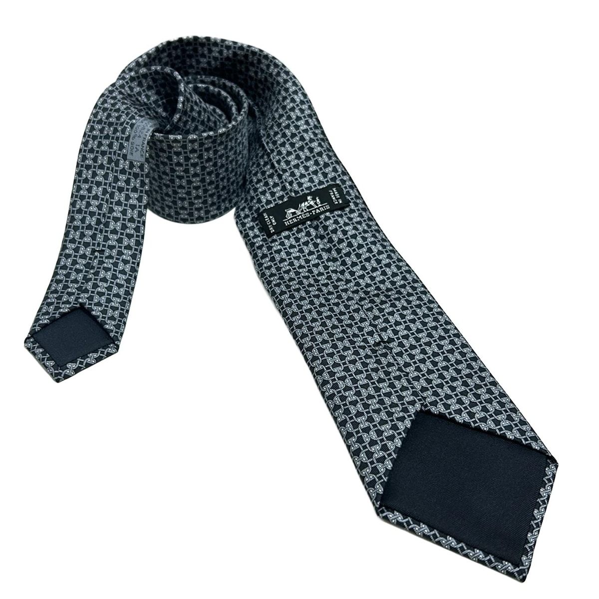 HERMES エルメス ネクタイ メンズ - 黒×グレー×アイボリー