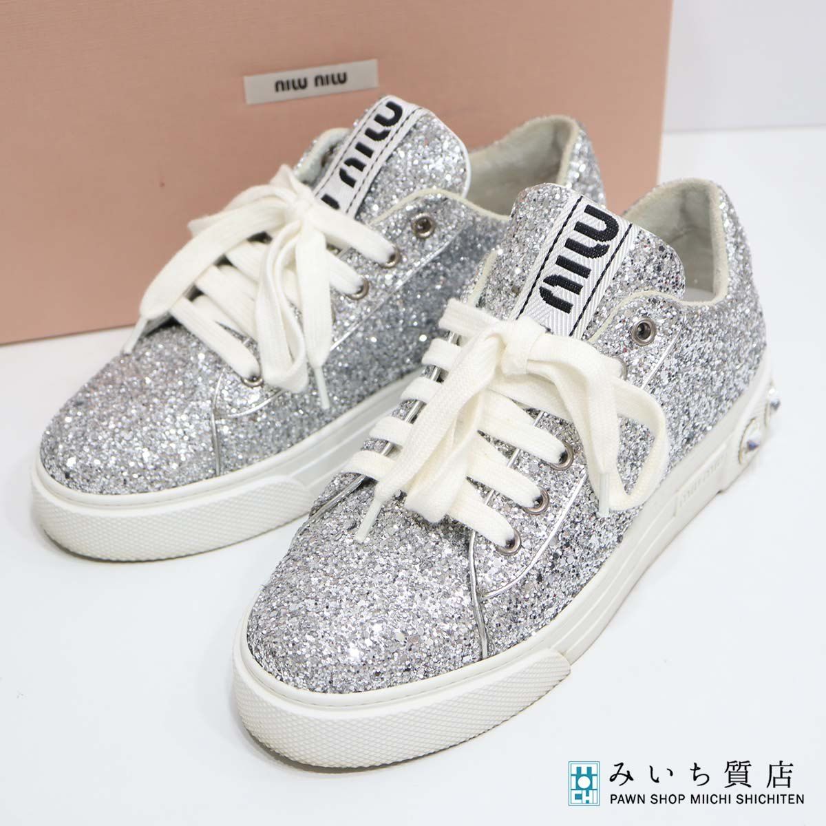 MIUMIU ホワイト グリッター スニーカー 37 【公式通販】