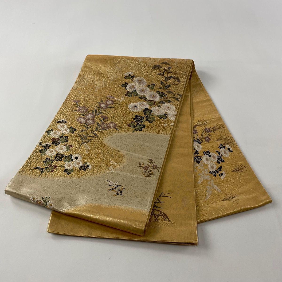 幅31㎝正絹　袋帯　麻の葉　お太鼓柄　金糸