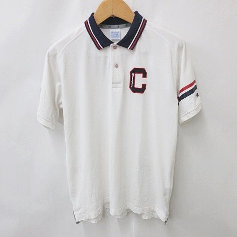 チャンピオン CHAMPION スポーツ ポロシャツ 半袖 ワッペン 刺繍 プリント 鹿の子 リブ 白 紺 赤 ホワイト ネイビー レッド XL