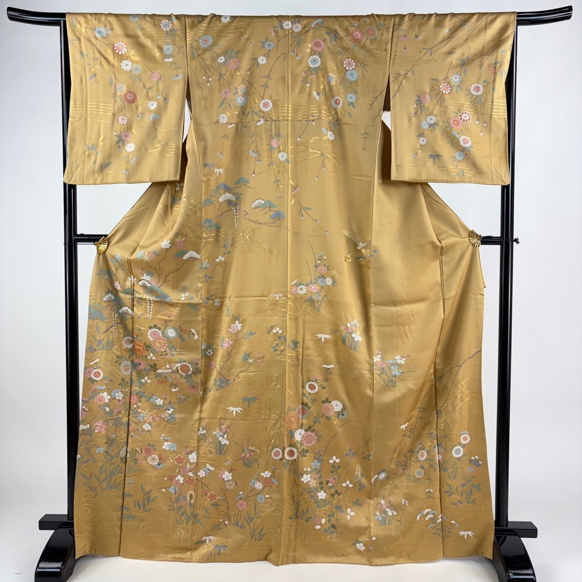訪問着 身丈168cm 裄丈67cm M 袷 草花 流水 金糸 金彩 ベージュ 正絹 名品