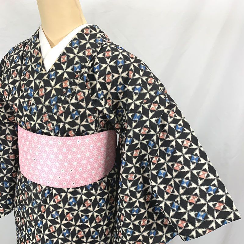 410aa3◇Kimono アンティーク着物 銘仙 花七宝 大正ロマン 昭和レトロ 和洋MIXコーデ ジュニアにも◇状態良好