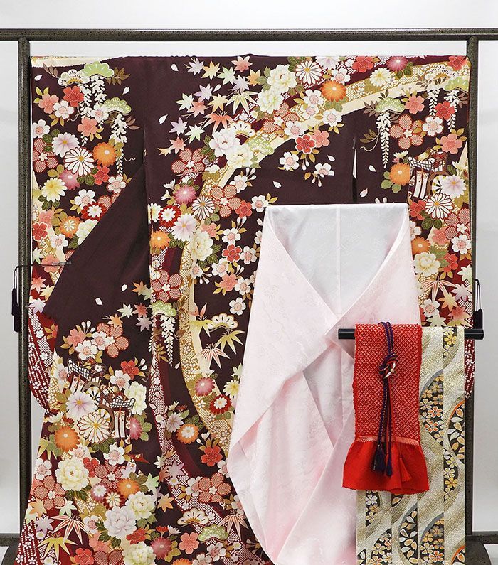 振袖 正絹 四季花匹田御所車模様 5点セット 身丈172cm 裄丈69cm 袋帯