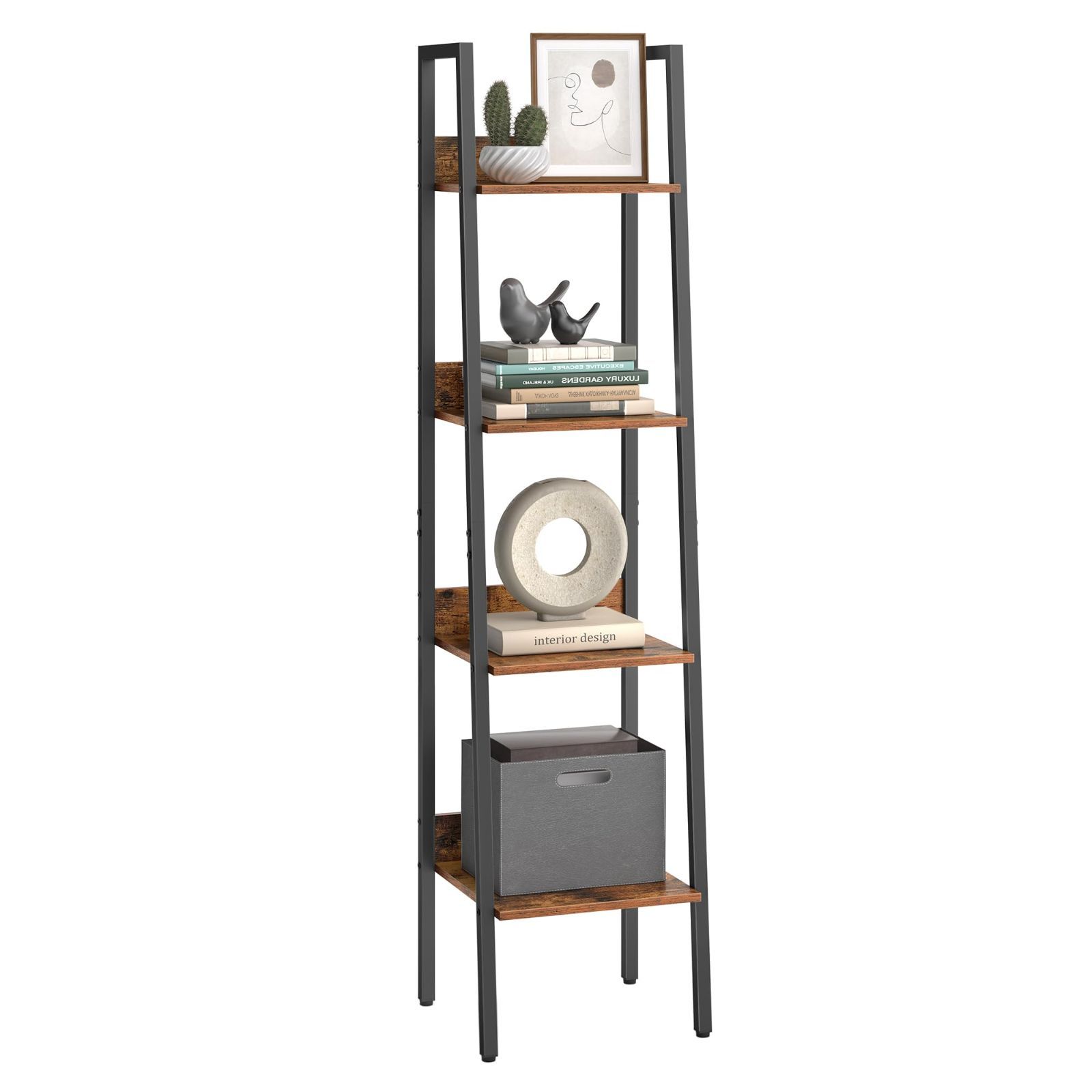 【新着商品】おしゃれ ヴィンテージ風 スチール脚 組立簡単 幅33.8cm シェルフ 薄型 すき間収納 整理棚 花台 収納棚 スリム 北欧 オープンシェルフ 収納ラック 木製 4段 ラック ブラウン 棚 本