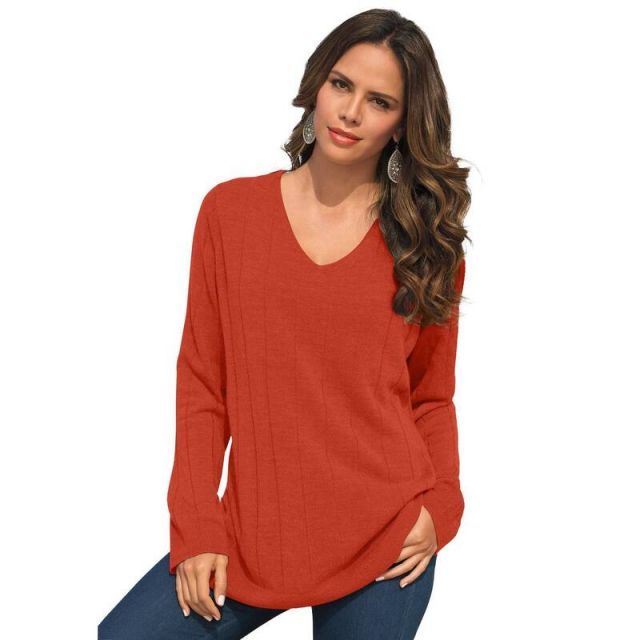 【送料無料】 ロアマンズ レディース ニット・セーター アウター Roaman's Women's Plus Size Fine Gauge Drop Needle V-Neck Sweater Copper Red