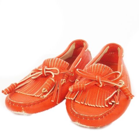 トッズ TOD S モカシン ローファー ドライビングシューズ レザー フリンジ タッセル リボン 35.5 22.5cm オレンジ |MN15 GY19