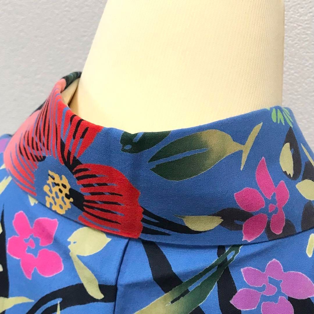 浴衣]美品 綿 青色地 花模様 たんぽぽ 祭り 花火 リサイクル着物
