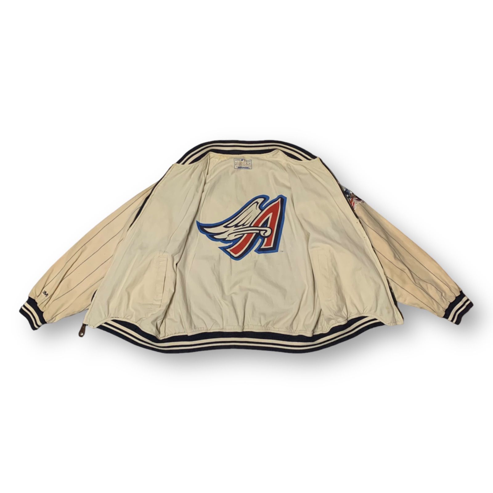 90s MIRAGE “ANAHEIM ANGELS” Reversible Cotton Stadium Jacket ミラージュ アナハイム・エンゼルス コットンスタジアムジャケット スタジャン リバーシブル ネイビー ライトベージュ Lサイズ MLB