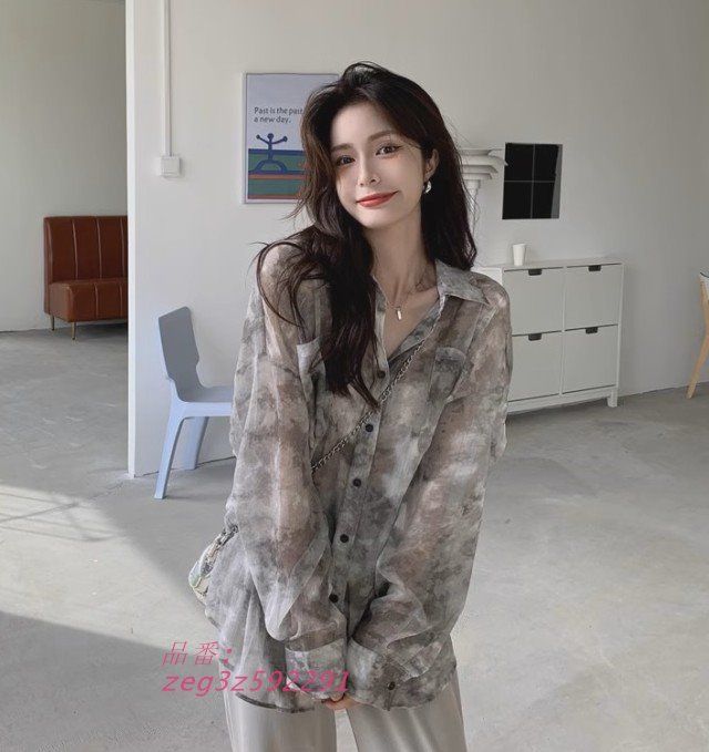 シャツ レディース トップス 長袖 シアートップス シアーシャツ タイダイ柄 襟付き シャツブラウス オーバーサイズ 大きいサイズ 3L 春夏 秋 レギュラーカラー シャツ レディース トップス 長袖 シアーシャツ シアートップス