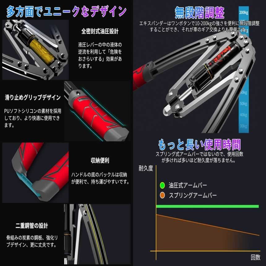 筋トレグッズ 10～200kg調整可 アームバー 胸筋トレーニング 油圧式 アームバー 筋トレ 油圧式 200kg 負荷可能 エキスパンダー 胸筋