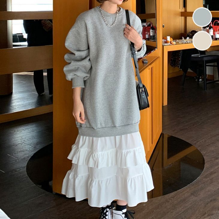 ワンピース 長袖 レディース ロング ロングワンピ クルーネックフリルワンピース トレーナーワンピース 柔らかい シンプル カジュアル かわいい 通勤 通学 ワンピスター 秋冬 体型カバー 女性 xkmilyx47 DZ20