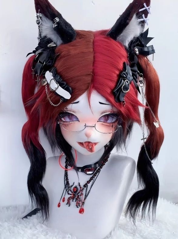 着ぐるみヘッド kigurumi NO.78 猫 赤 ブラック ファースーツ 全頭ヘッド ケモノ マスク ぬいぐるみ コスプレ コスチューム 一点物