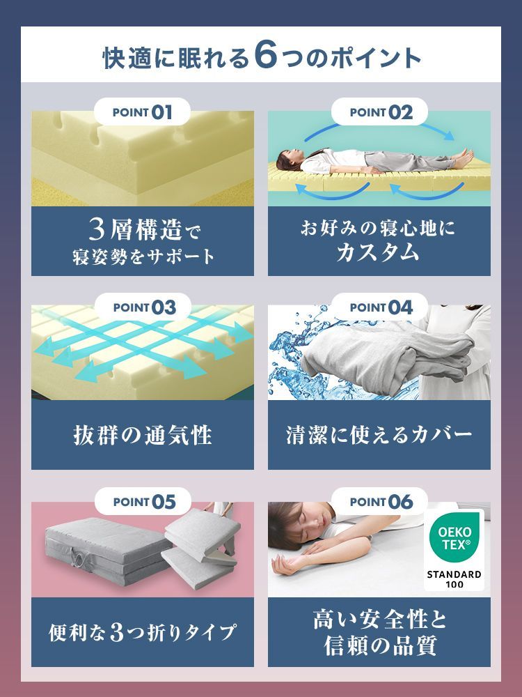 セミシングル マットレス 高反発 3層 高反発マットレス 三つ折り マットレス 厚10cm 3Dセル 敷布 折りたたみ 3つ折り 硬め ベッドマットレス 三つ折りマットレス 硬め 40D 30D 25D 200N 190N 85N FEB037