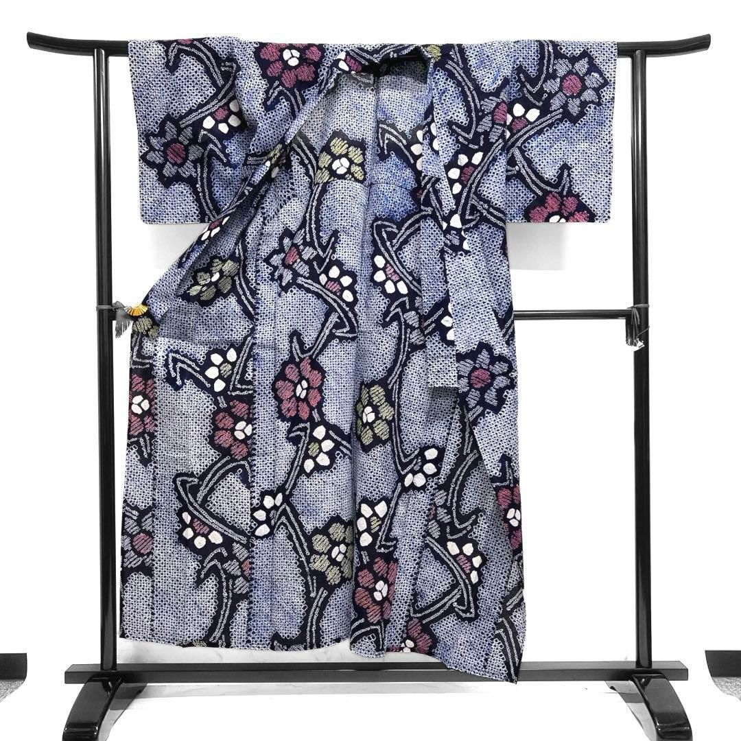 浴衣 有松鳴海絞り 花模様 流線 ネイビー 藍染 着物 044a d ◇現代