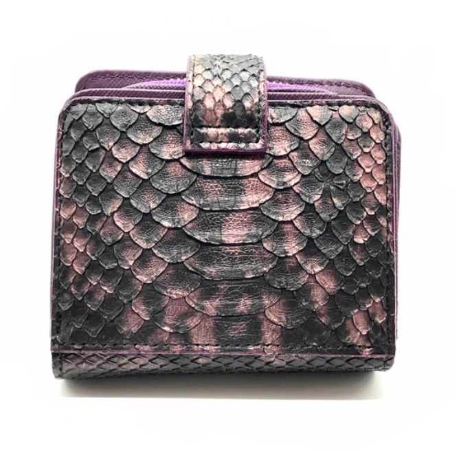 二つ折り財布 ダイヤモンドパイソン 黒 ブラック 紫 パープル マット