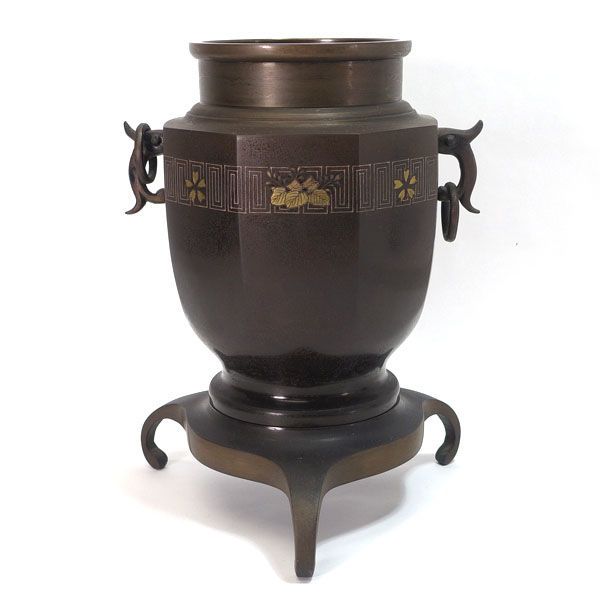 高岡銅器 中光 ◇【花器】高岡銅器/唐金製 中光銘 花紋様 薄端 銅器