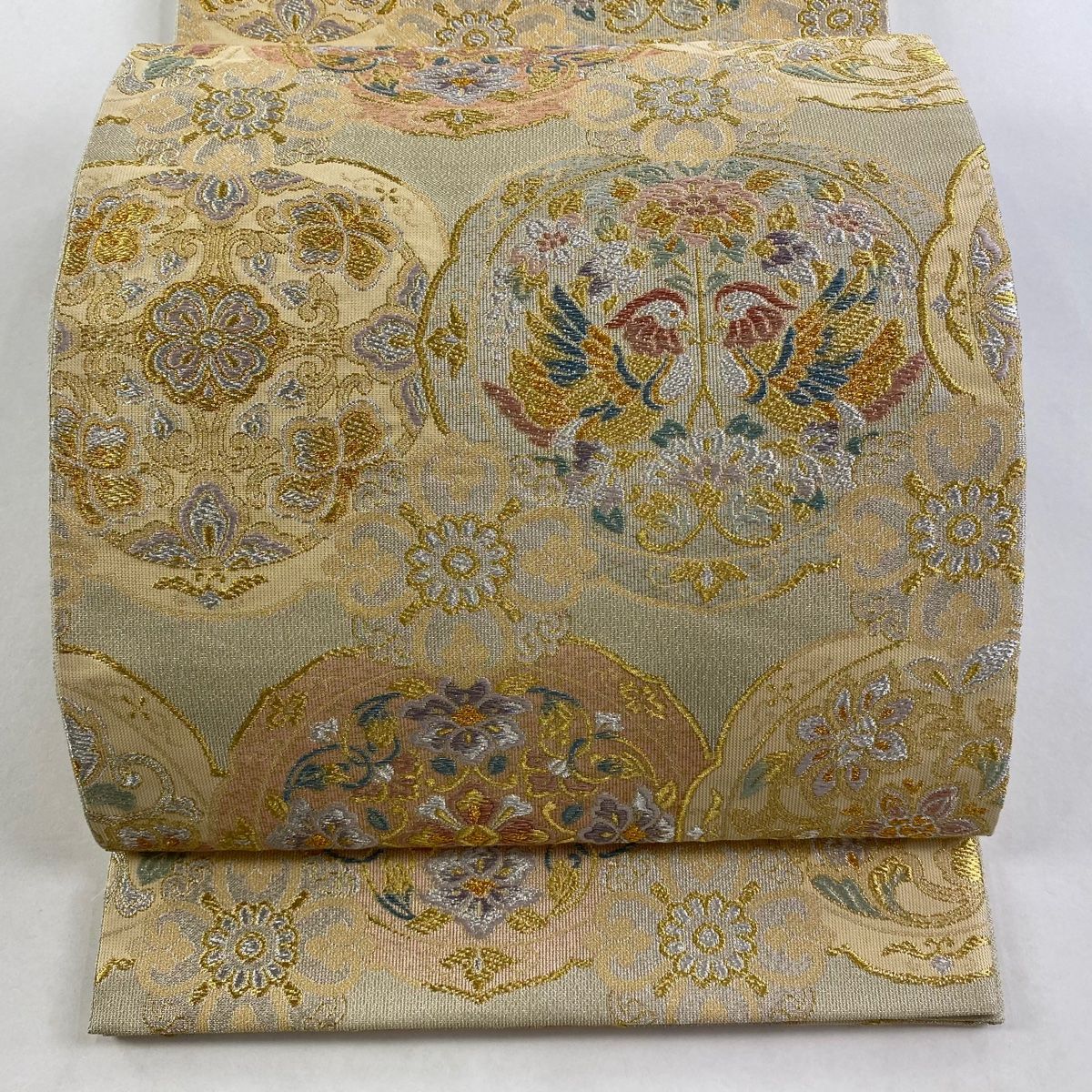 袋帯 秀品 華文 向かい鳥 金銀糸 ベージュ 六通 正絹