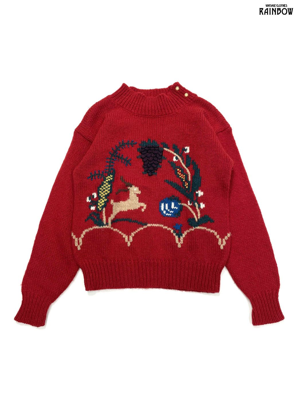 古着 J.Christopher 刺繍 総柄 長袖 ニット セーター 赤 ttu2510017