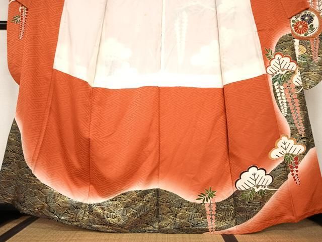 平和屋着物●豪華振袖　駒刺繍　飛鶴花蝶文丸文　暈し染め　金彩　正絹　逸品　AABB6348zg 平和屋着物○豪華振袖 駒刺繍 飛鶴花蝶文丸文 暈し染め 金彩 正絹 逸品