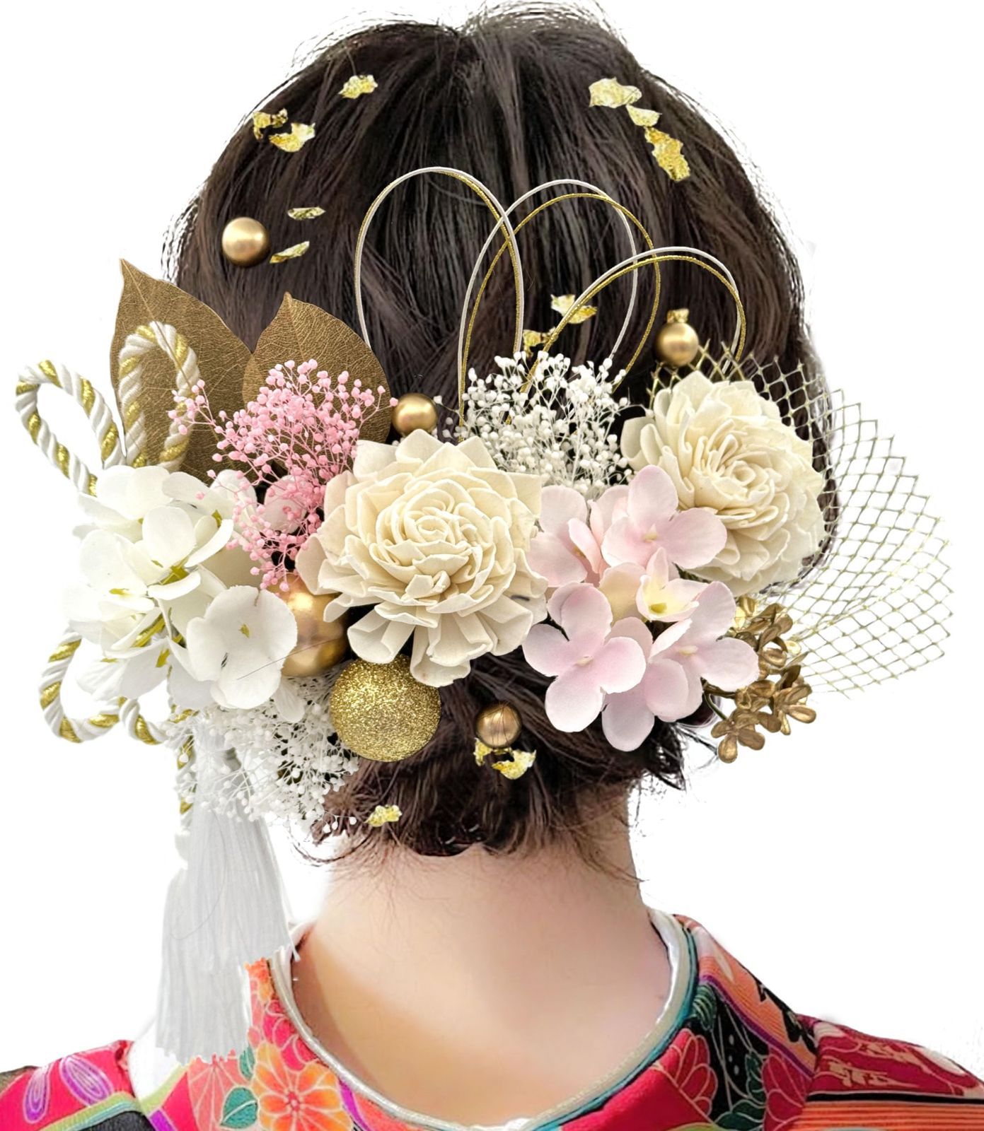  特別価格　網型飾り かすみ草 プリザーブドフラワー あじさい 振袖 袴 ヘアアクセサリー 着物 水引 和装 結婚式 ヘッドパーツ 卒業式 和装小物 専用ケース付き 成人式 髪飾り G2001 [Baramoly] 和装小物