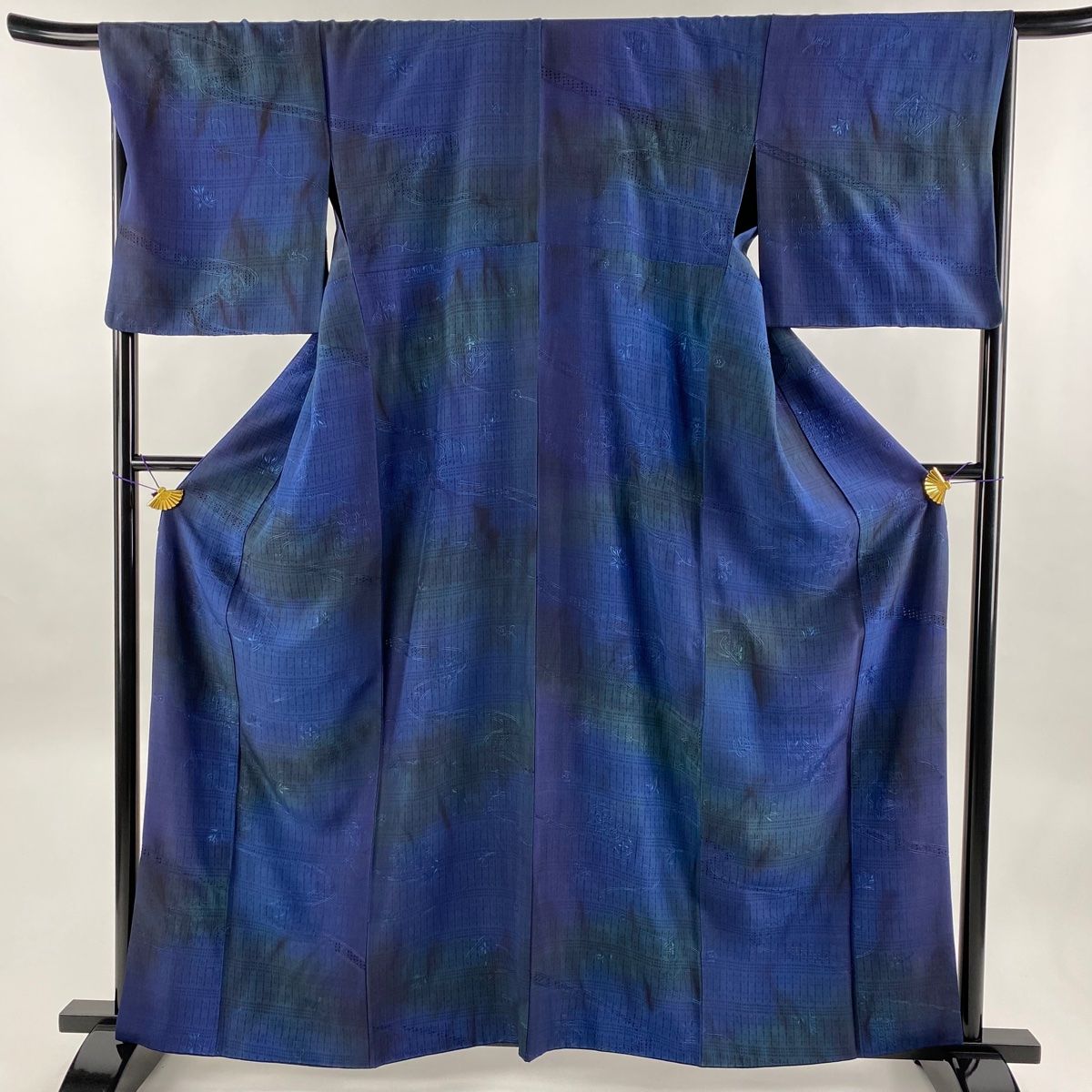 色無地 身丈154cm 裄丈64cm M 袷 地紋 紺色 正絹 名品 一つ紋