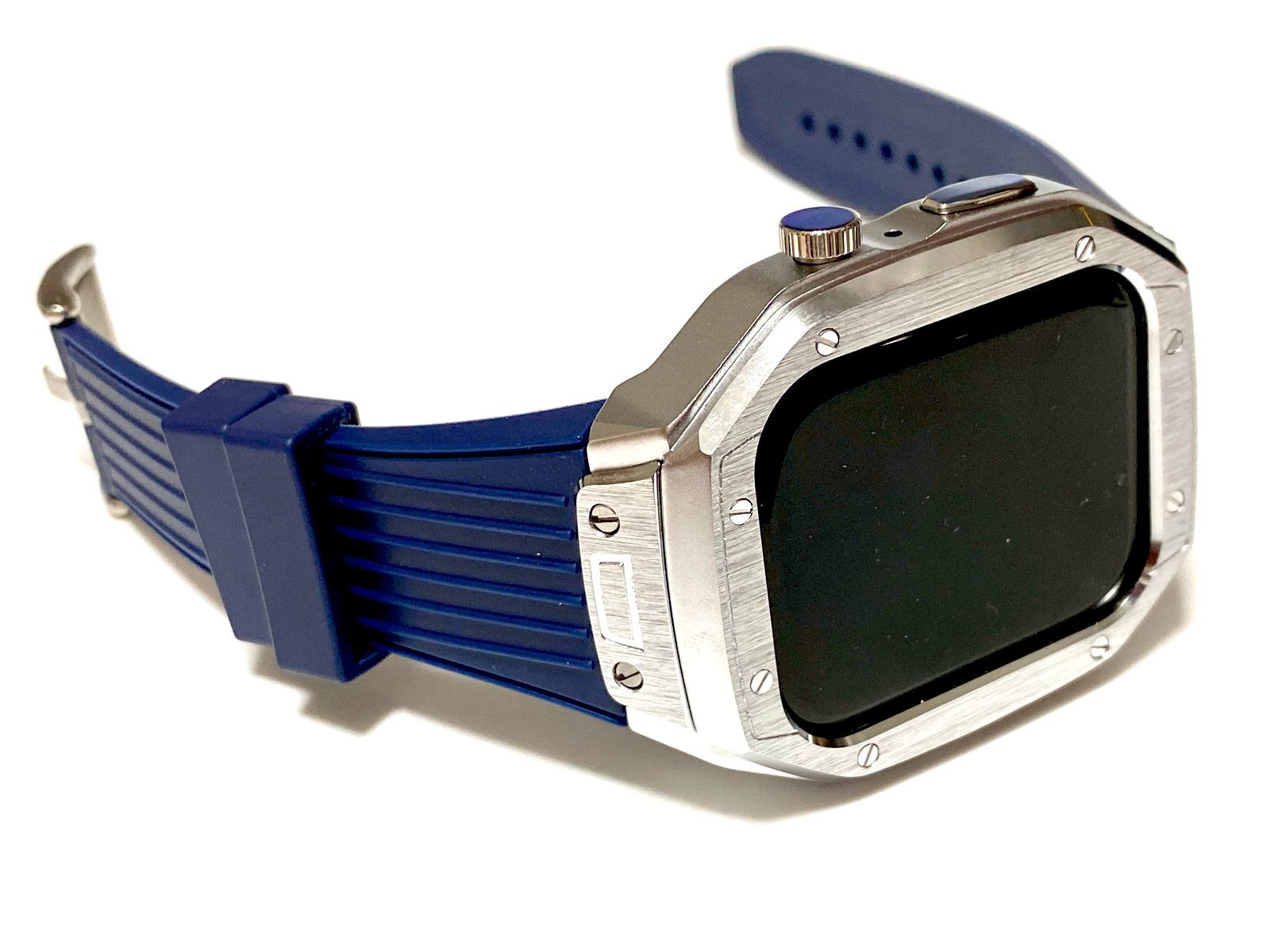 45mm 銀色 apple watch カスタム 金属 ステンレス ラバー 45mm 銀色 apple watch メタル ラバーバンド カスタム 金属