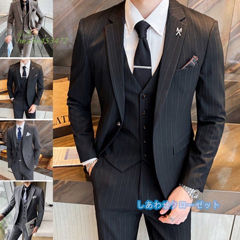 スーツ メンズ おしゃれ スーツセットアップ 3ピーススーツ ビジネススーツ ボーダー柄 カジュアルスーツ 紳士服 通勤 結婚式 スリム フォーマルスーツ 洗える hea5v453472