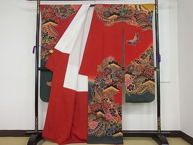 平和屋1□極上 手ざし京紅型染・宮崎紅型 宮崎良次 振袖 舞蝶花松文 暈