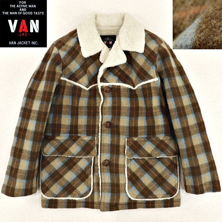 当時もの！美品 旧VAN JACKET ヴァンヂャケット チェック柄 裏ボア ランチコート ブラウン M ハーフコート ジャケット 茶 メンズ  石津謙介 - メルカリ